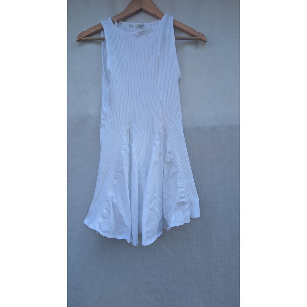 Zara Women White Ribbed Knit Mixed Media Poplin Hem Sleeveless Top Size M